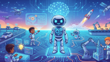 Kids learning robotics and AI coding in 2026 with drones and smart systems – STEM education illustration for future careers.
